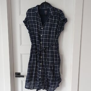 GAP Navy Plaid Women's Dress Maternity Breastfeed Button Up Pockets Size Medium